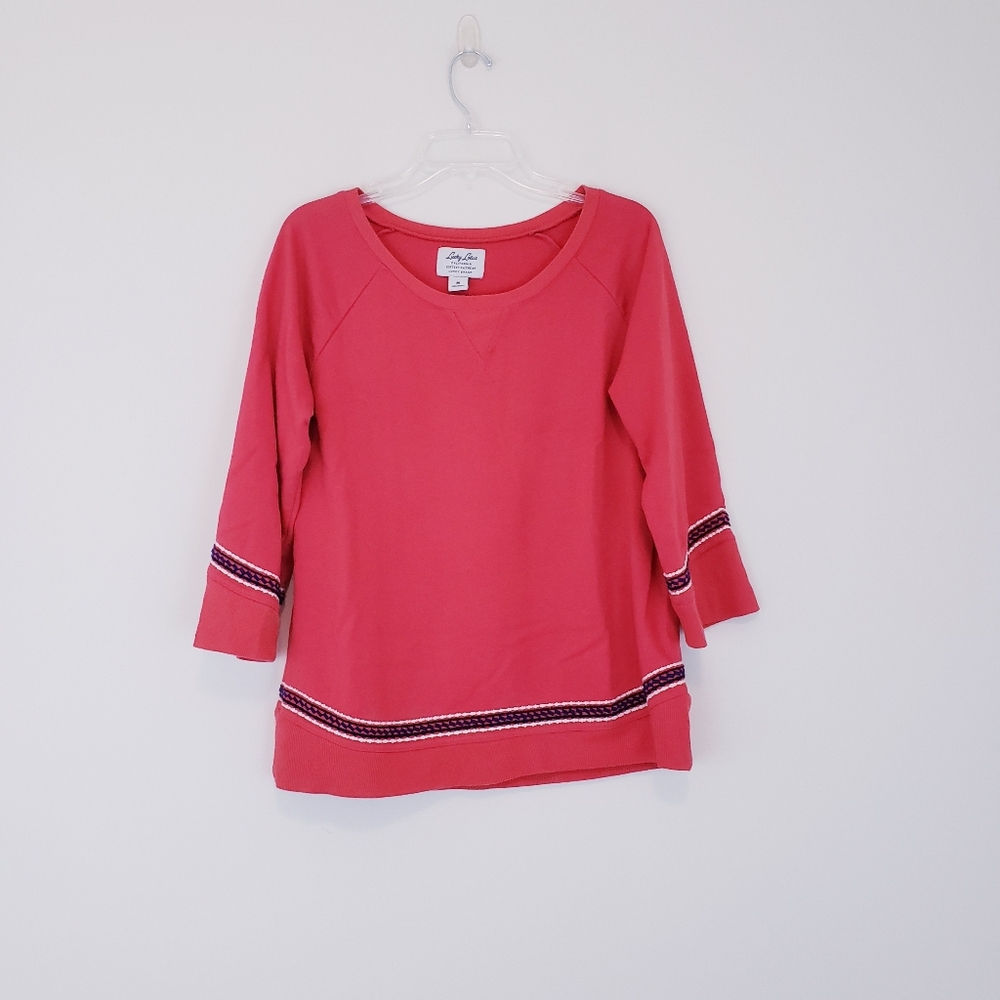 Lucky Coral Red Sweatshirt Pullover Boho Embroidery Trim Size Medium